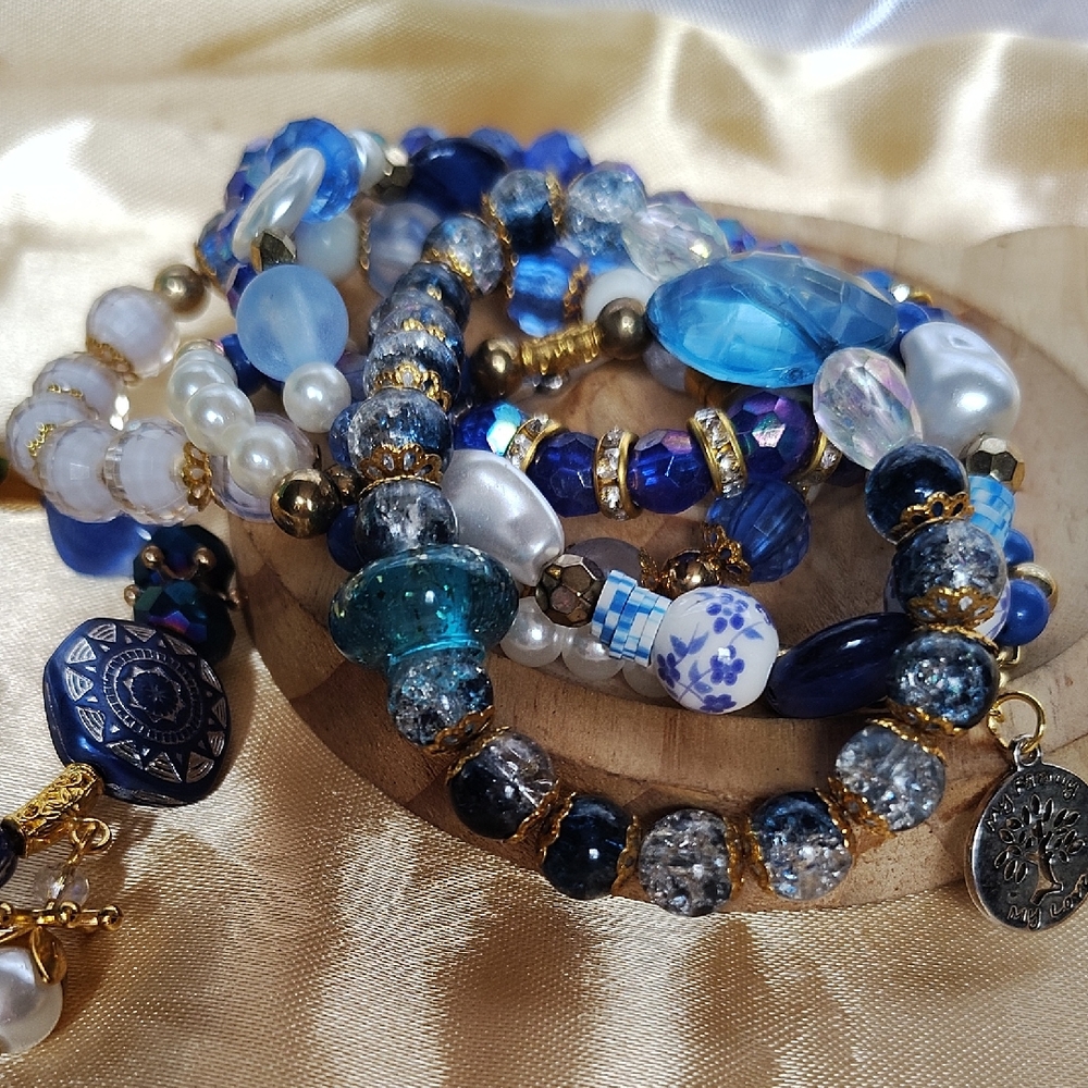 Blue and Gold Layered Bracelet Set with Sparkling Beads